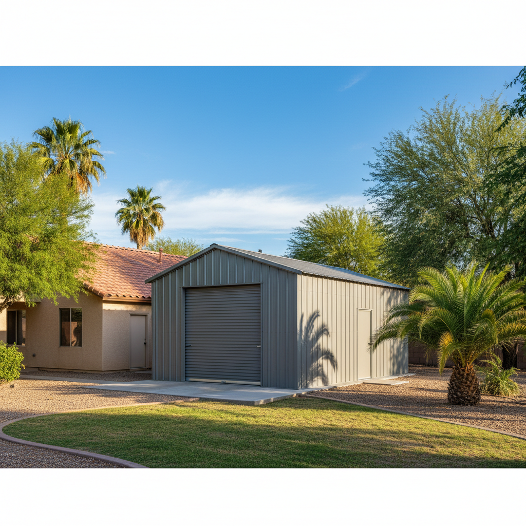 Completed metal frame sheds work at a residential property in El Mirage, AZ