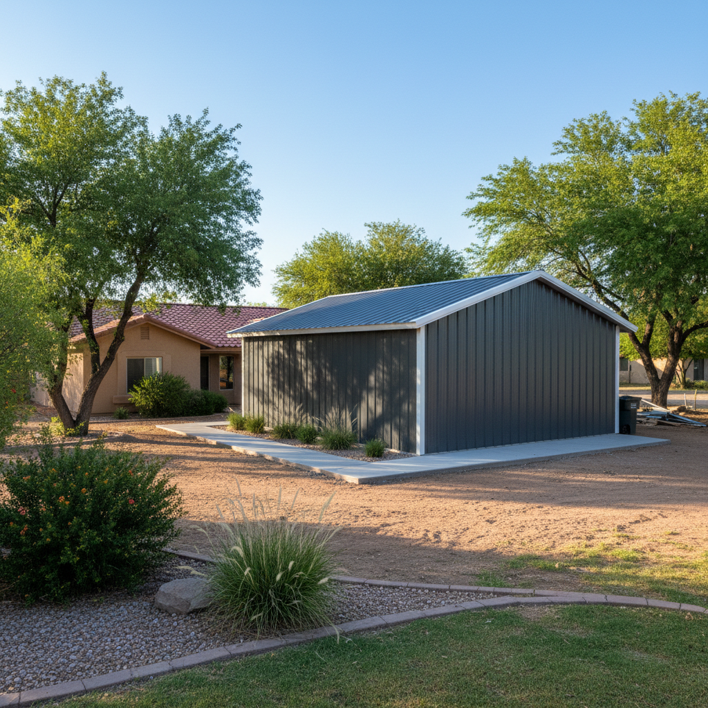 Completed metal post frame construction work at a residential property in El Mirage, AZ