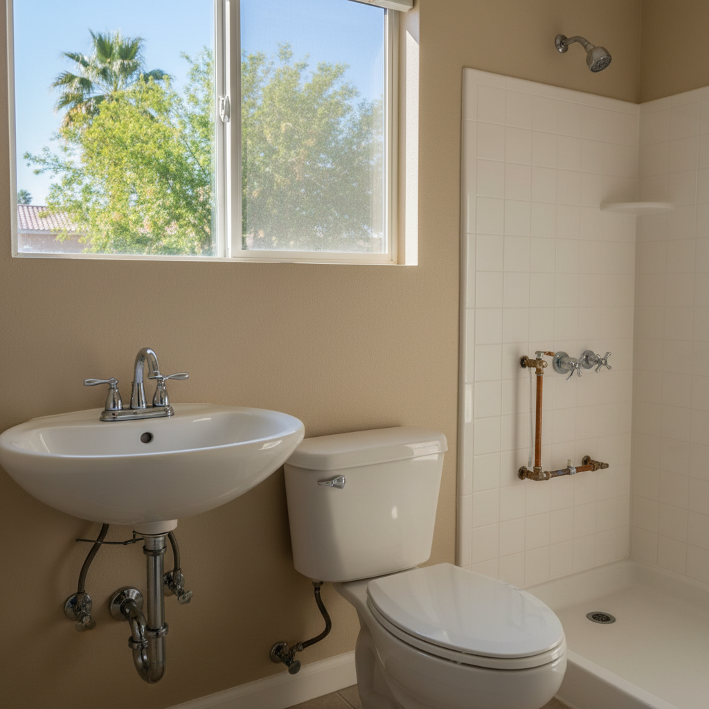 Completed bathroom plumbing work at a residential property in Chandler, AZ