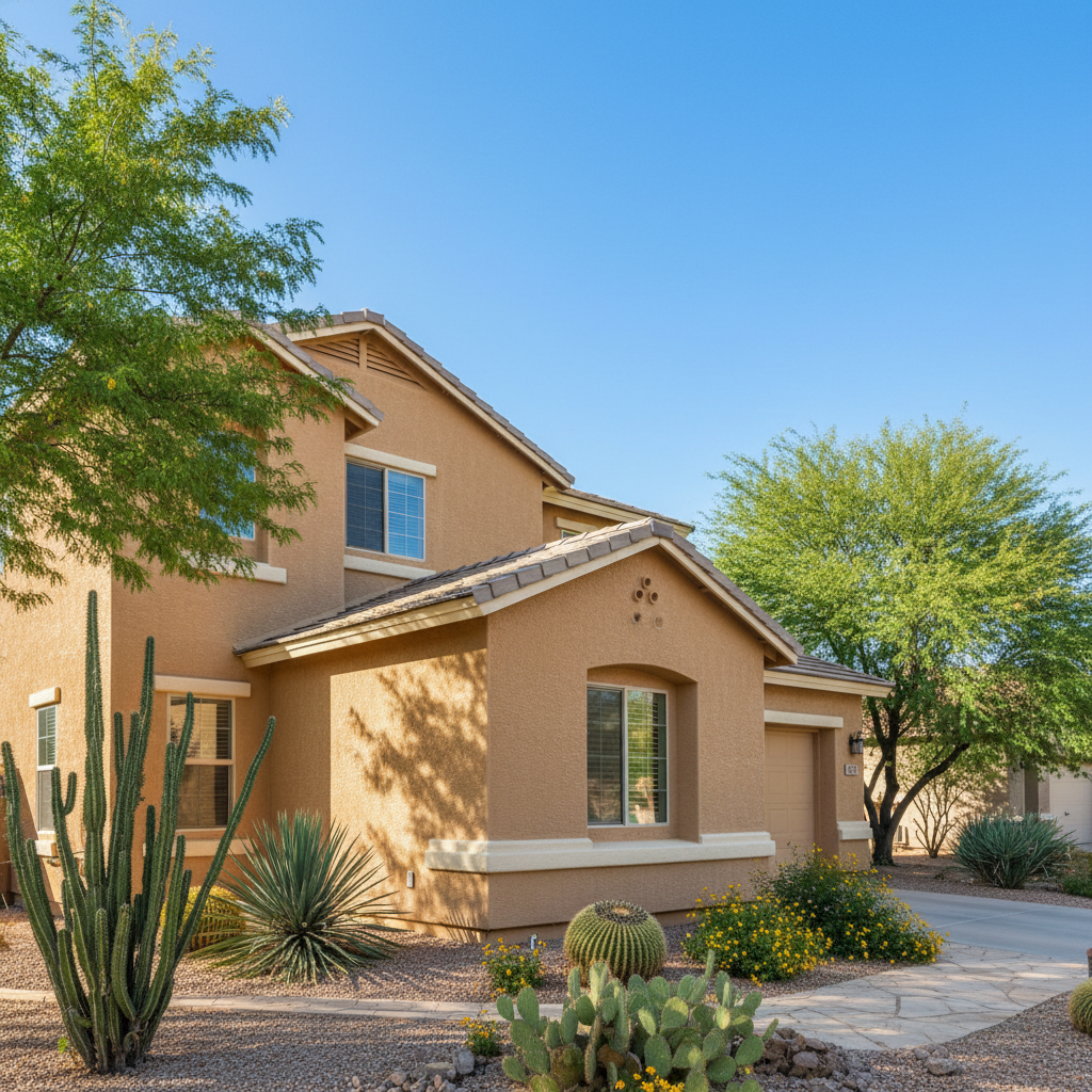 Completed stucco replacement work at a residential property in Queen Creek, AZ