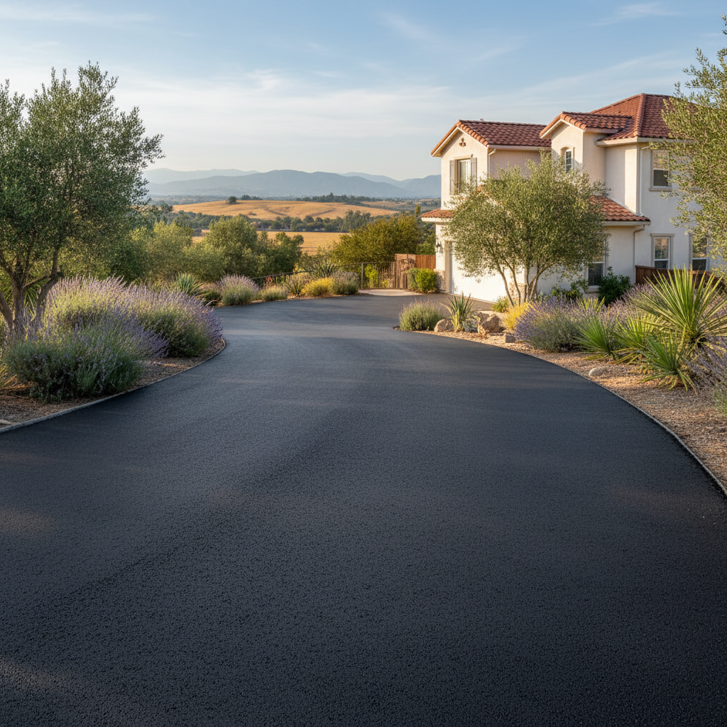 Completed asphalt paving work at a residential property in Madera, CA