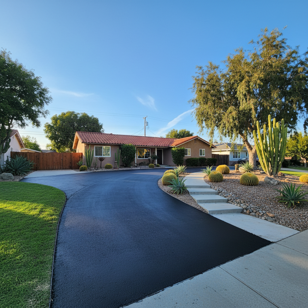 Completed asphalt sealcoating work at a residential property in La Mesa, CA