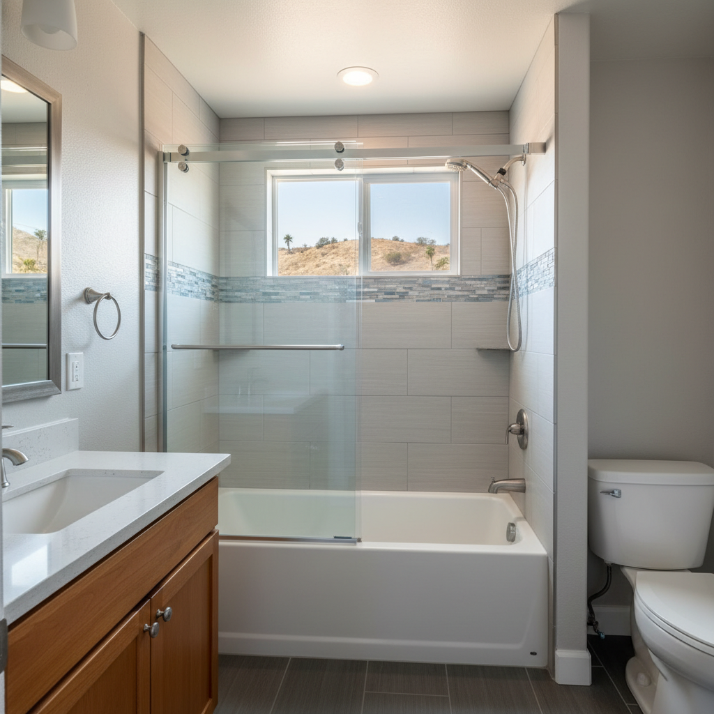 Completed bathtub and shower installation work at a residential property in Pomona, CA