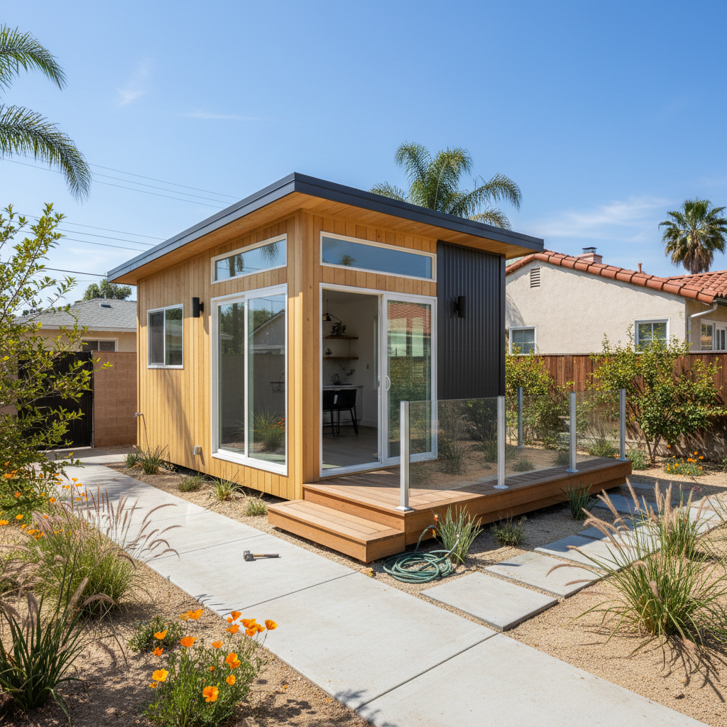 Completed tiny homes work at a residential property in Los Angeles, CA