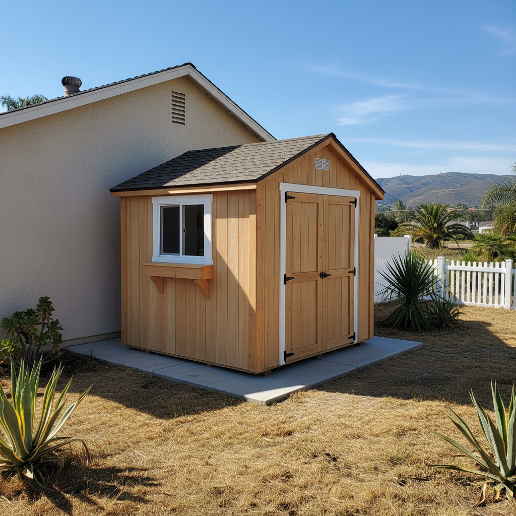 Completed shed delivery and installation work at a residential property in Oceanside, CA