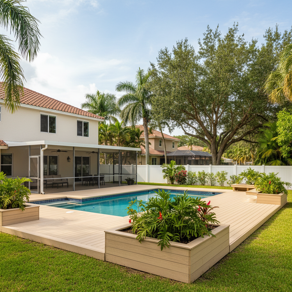 Completed pool decks work at a residential property in Coral Springs, FL