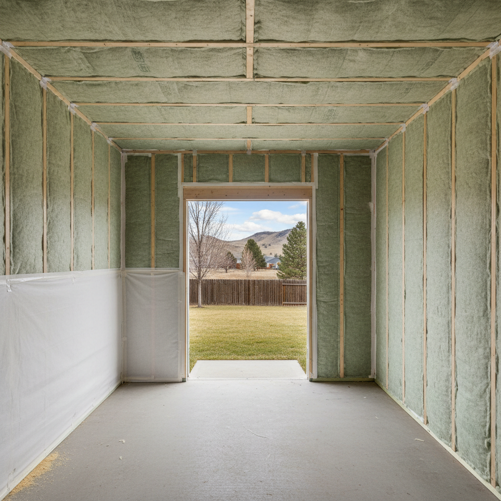 Completed shed insulation work at a residential property in Boise, ID