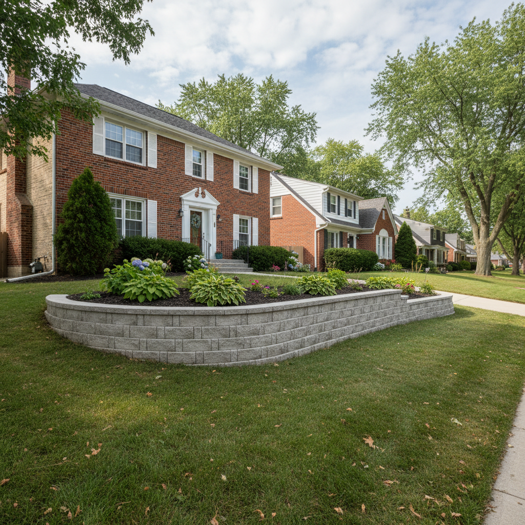 Completed concrete retaining walls work at a residential property in Arlington Heights, IL