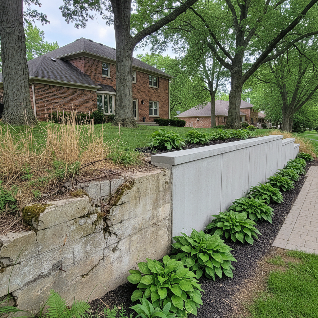 Completed concrete retaining walls work at a residential property in Wheaton, IL