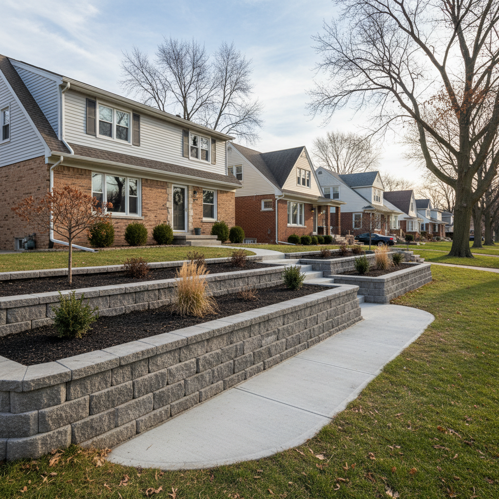 Completed concrete retaining walls work at a residential property in Chicago, IL