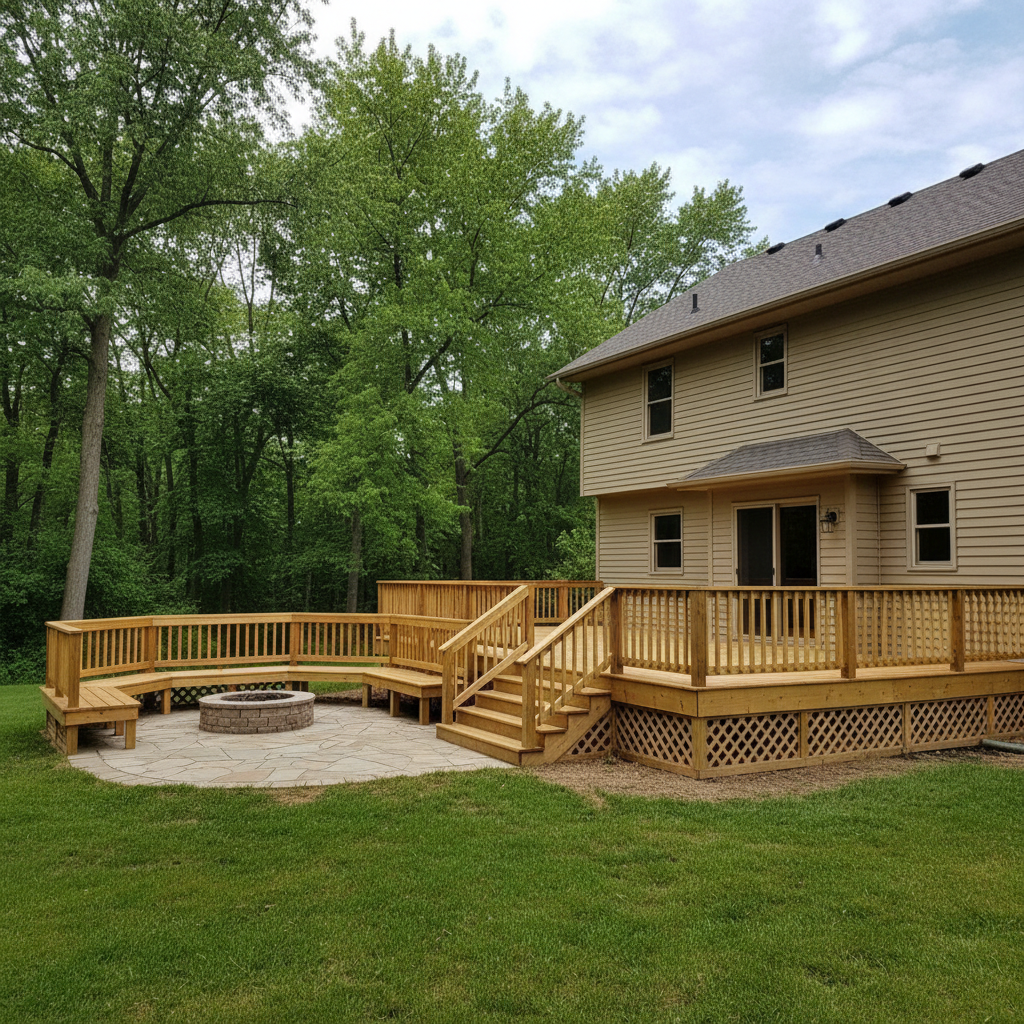 Completed wooden decks work at a residential property in Rockford, IL