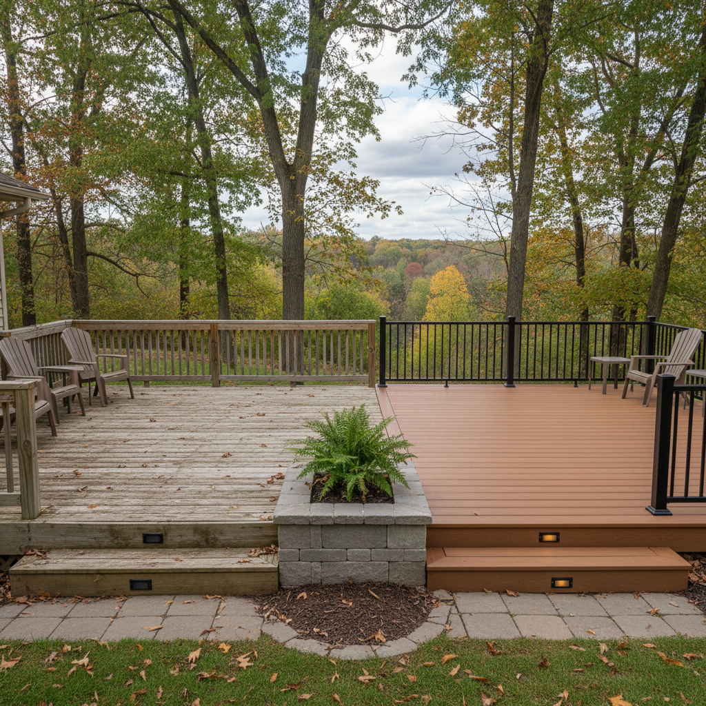 Completed trex decks work at a residential property in Elizabeth, IN