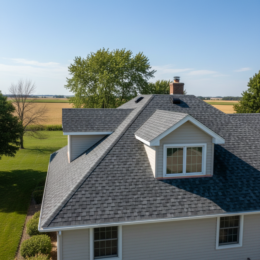 Completed asphalt shingle roofing work at a residential property in Sioux Center, IA