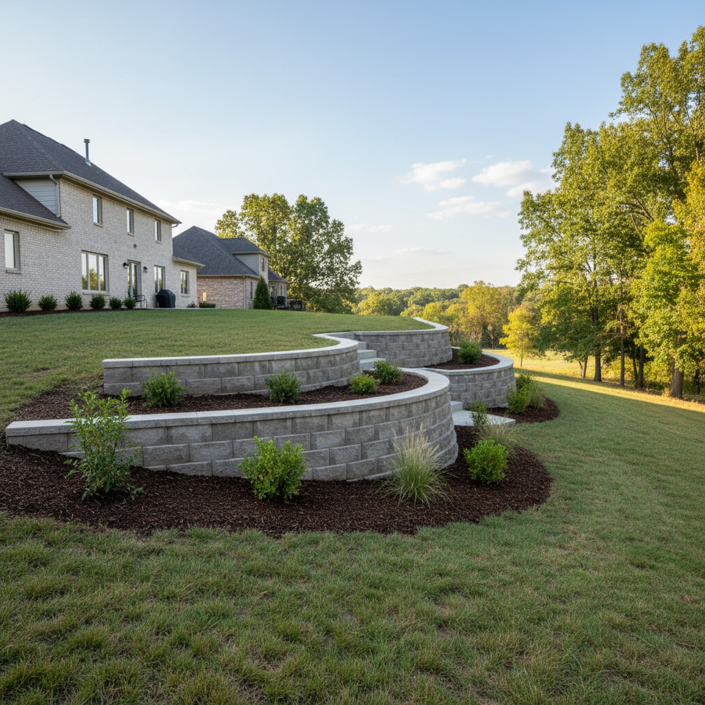 Completed concrete retaining walls work at a residential property in Lawrence, KS
