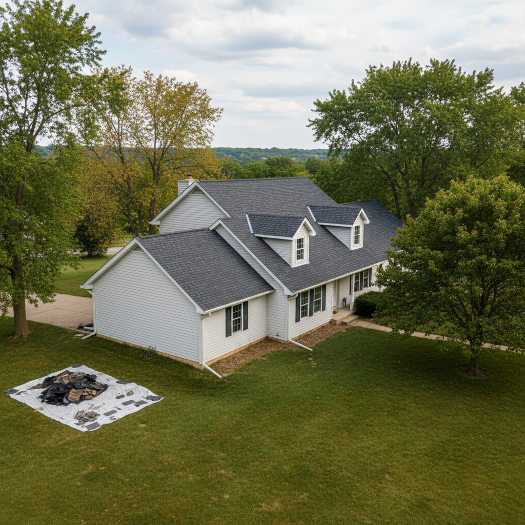 Completed roof replacement work at a residential property in Leavenworth, KS