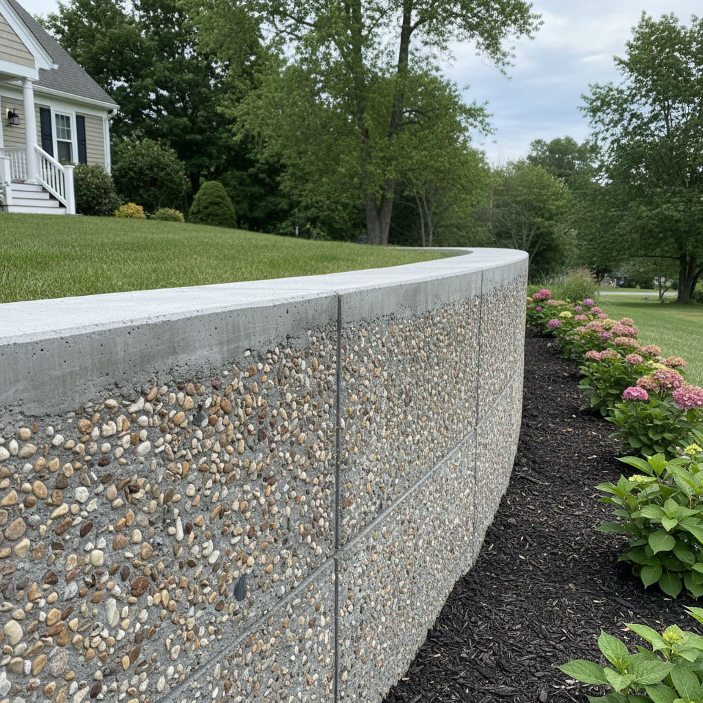 Completed concrete retaining walls work at a residential property in Worcester, MA