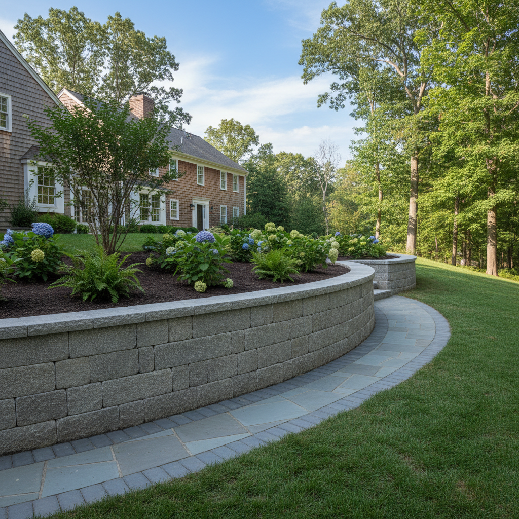 Completed retaining wall construction work at a residential property in Newton, MA