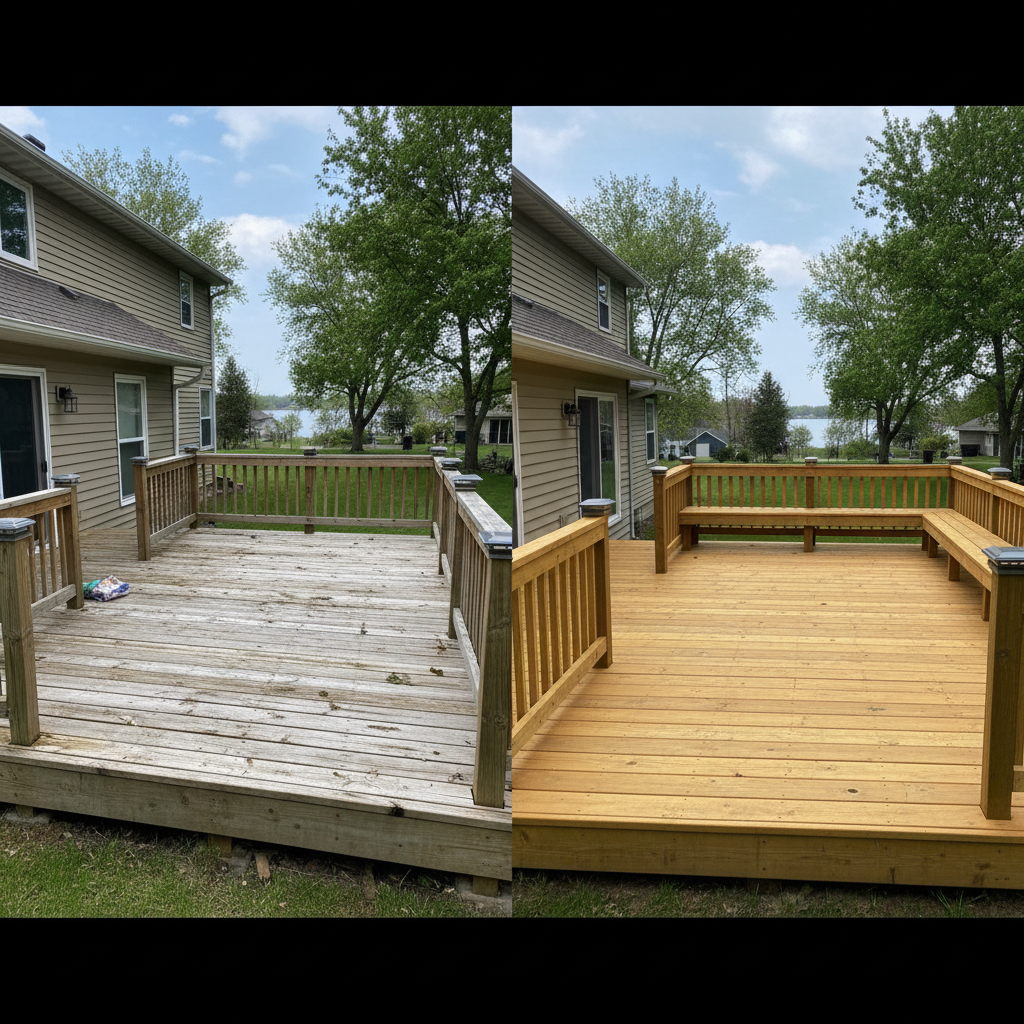 Completed wooden decks work at a residential property in Burnsville, MN