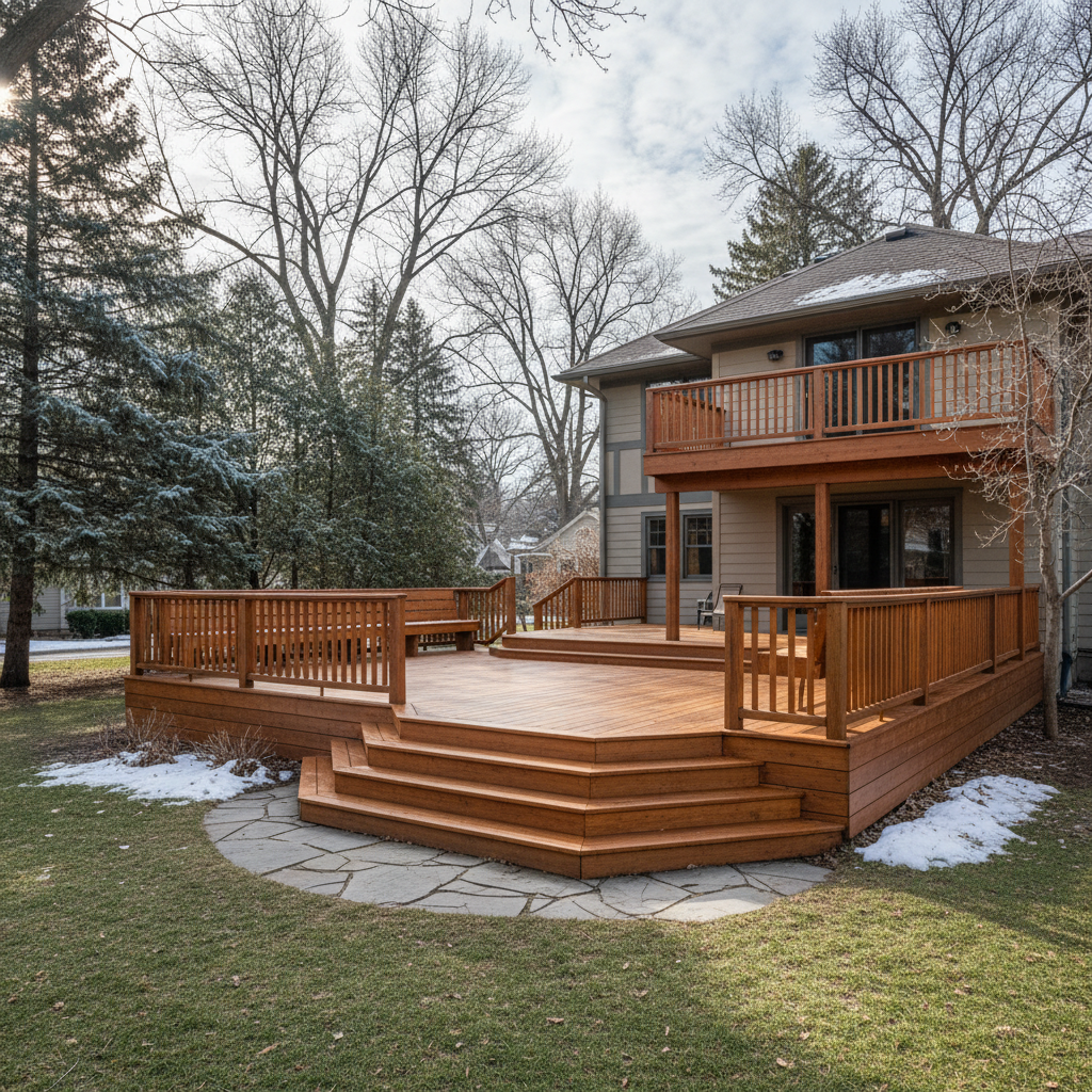 Completed wooden decks work at a residential property in St Paul, MN