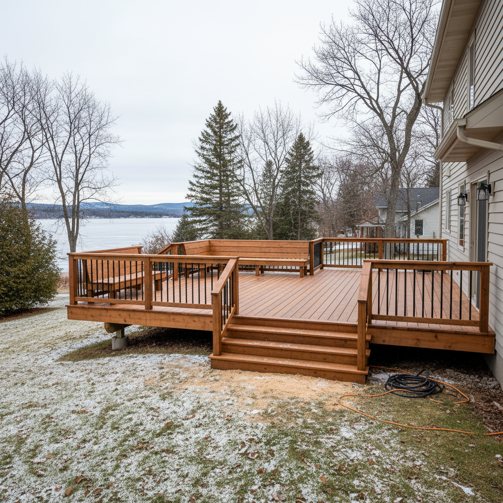 Completed wooden decks work at a residential property in Duluth, MN