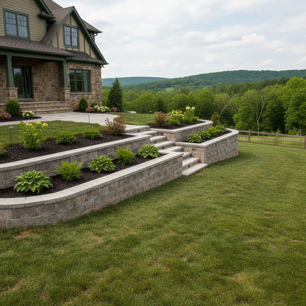 Completed concrete retaining walls work at a residential property in Aurora, MO