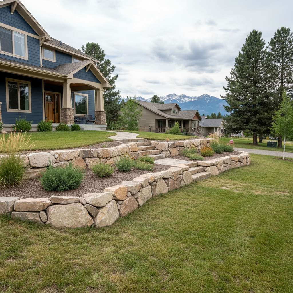 Completed retaining wall construction work at a residential property in Missoula, MT