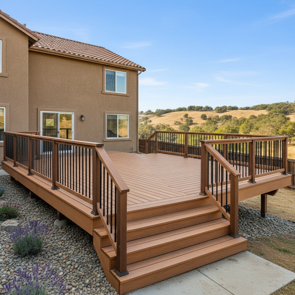 Completed deck construction work at a residential property in Clovis, CA