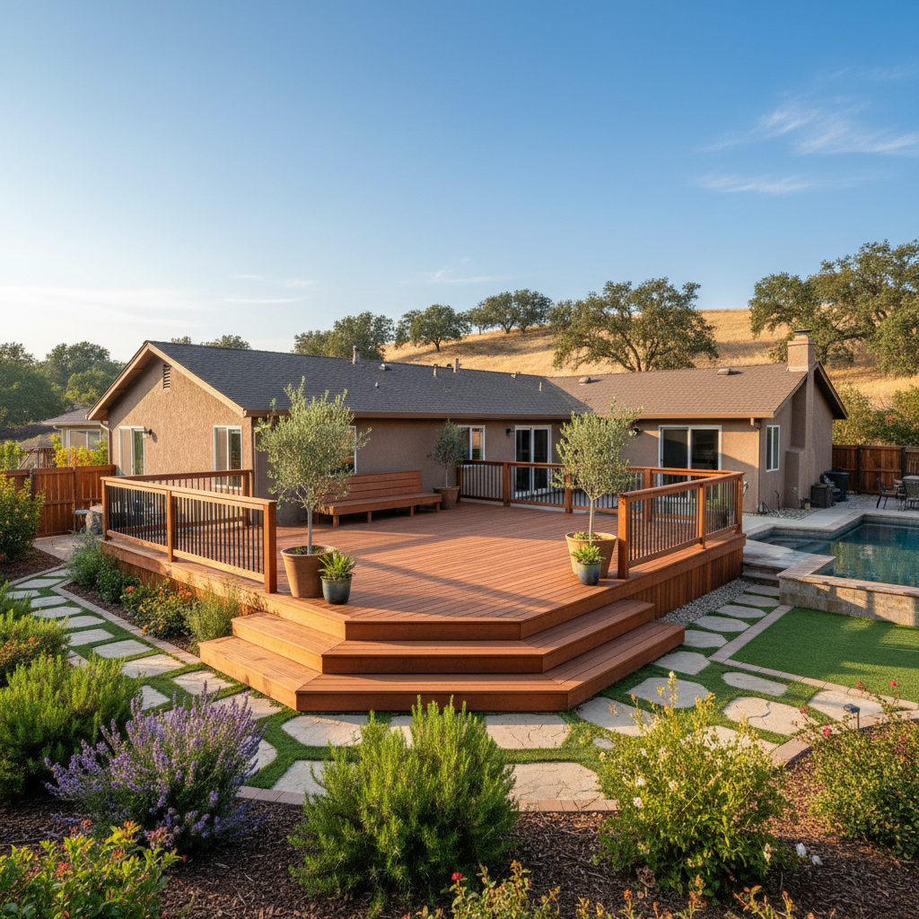 Completed wooden decks work at a residential property in Fresno, CA