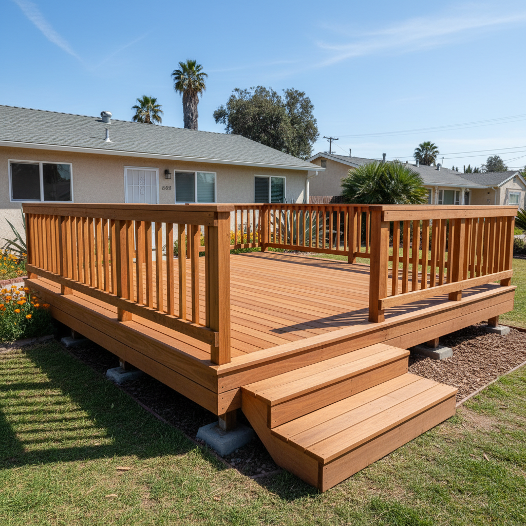 Completed deck construction work at a residential property in Pomona, CA