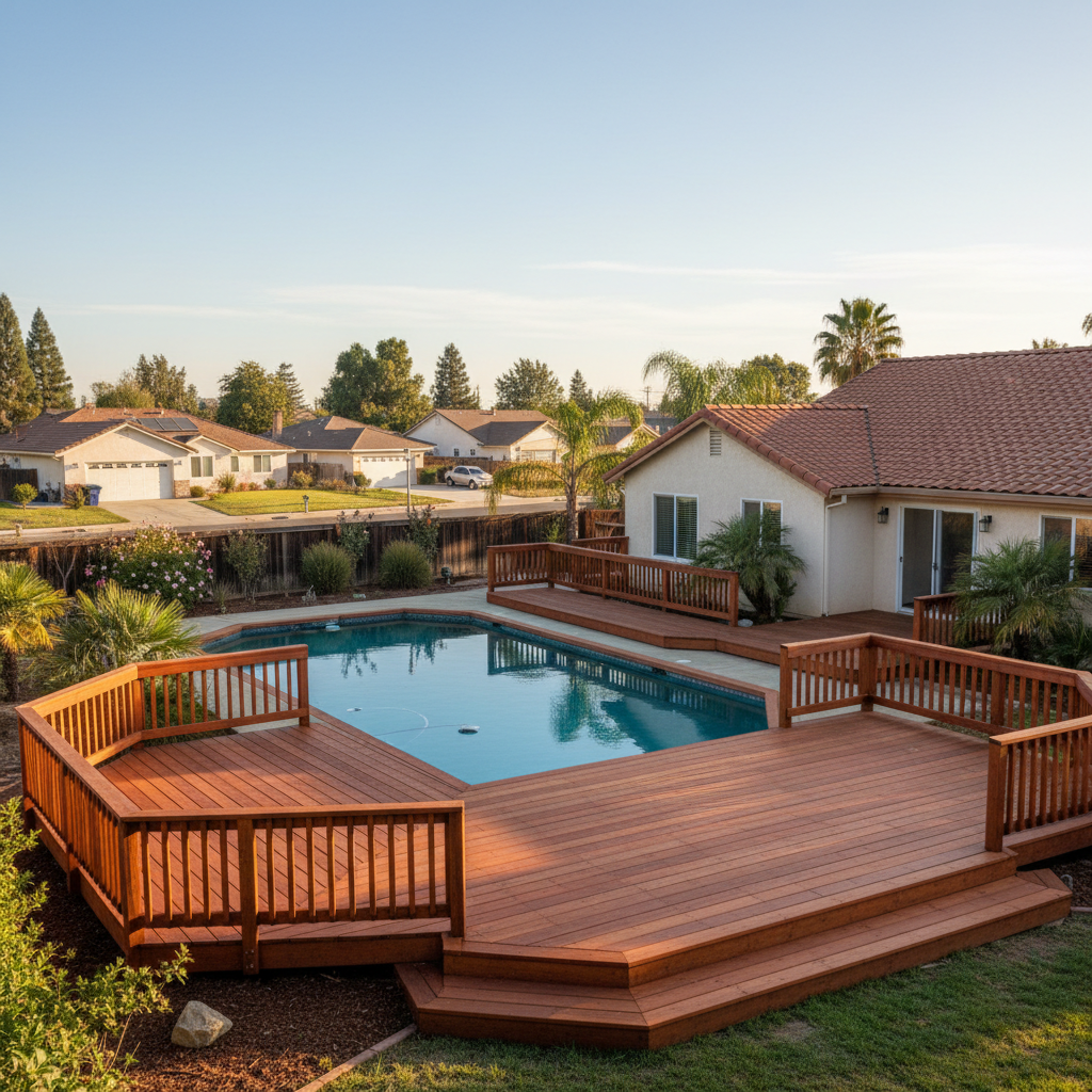 Completed pool decks work at a residential property in Modesto, CA