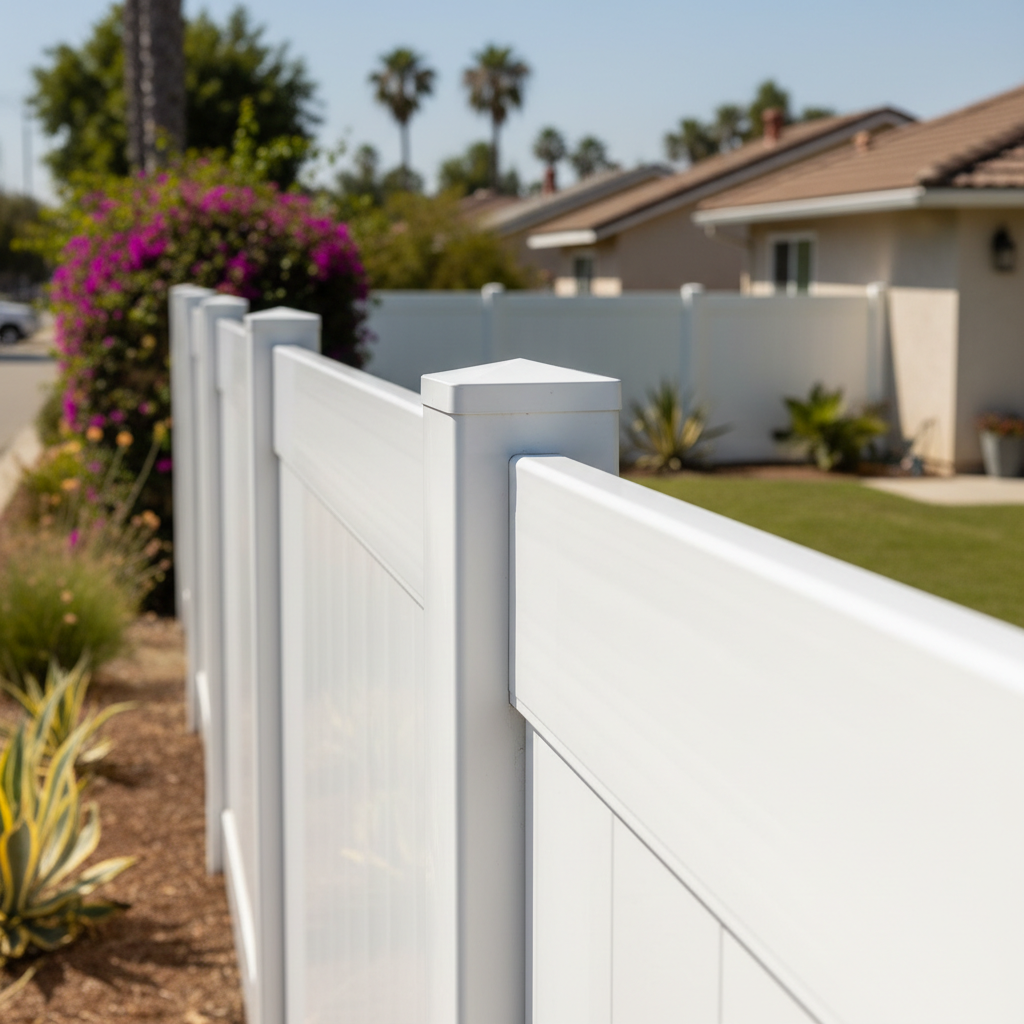 Completed vinyl fence installation work at a residential property in Garden Grove, CA