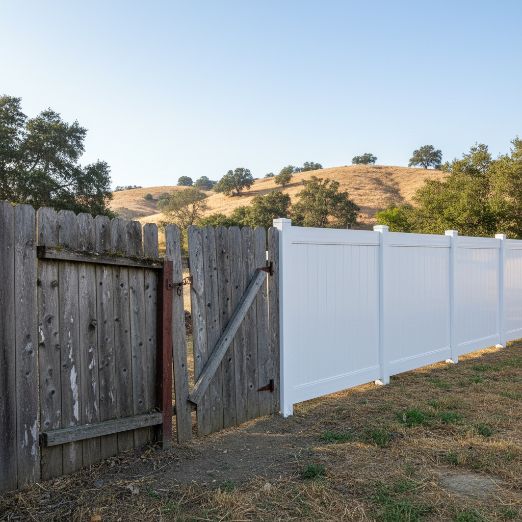 Completed vinyl fence installation work at a residential property in Benicia, CA