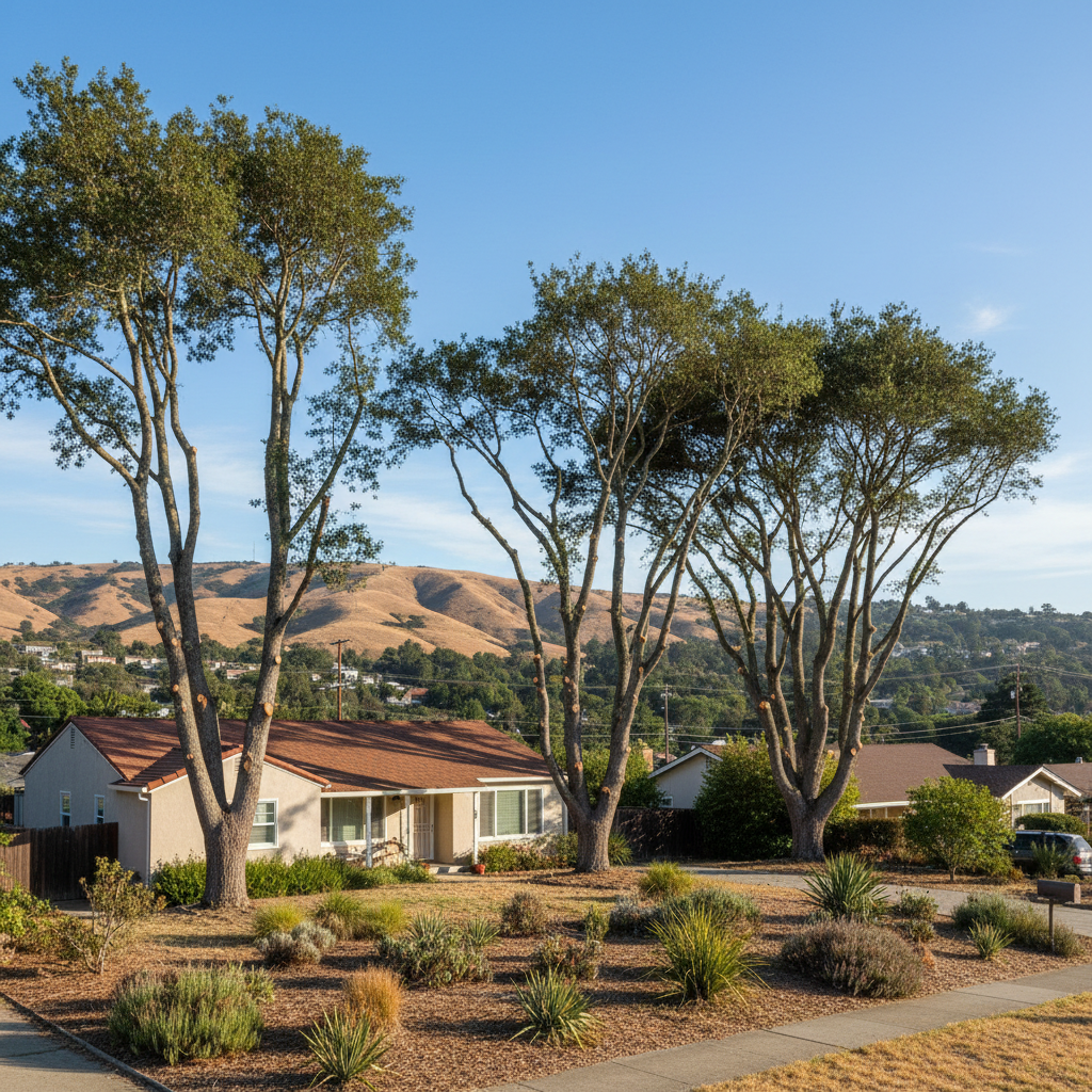 Completed tree pruning work at a residential property in San Leandro, CA