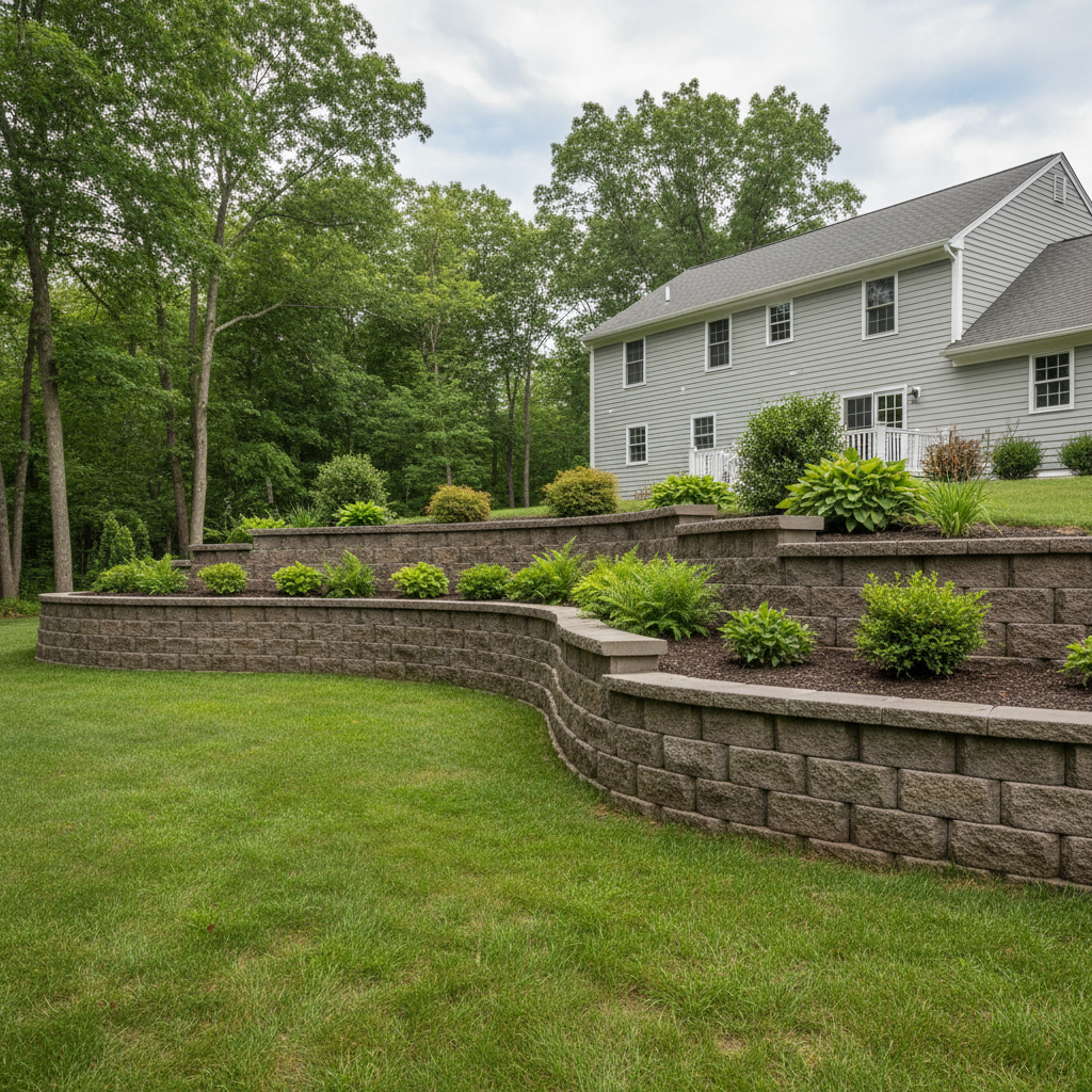 Completed concrete retaining walls work at a residential property in East Haven, CT
