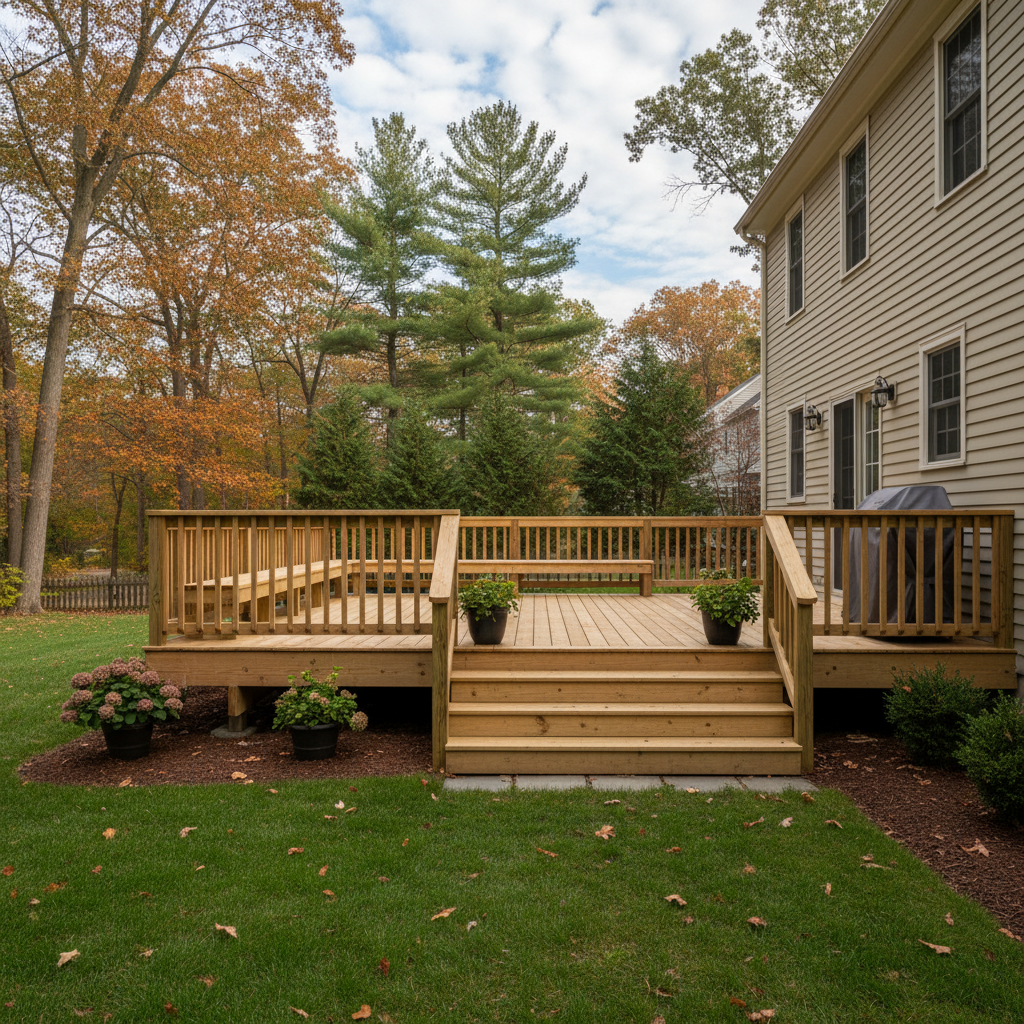 Completed deck construction work at a residential property in New Haven, CT