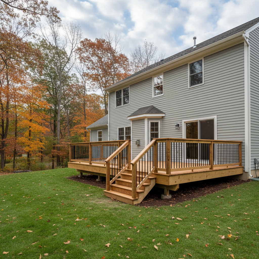 Completed deck construction work at a residential property in Manchester, CT