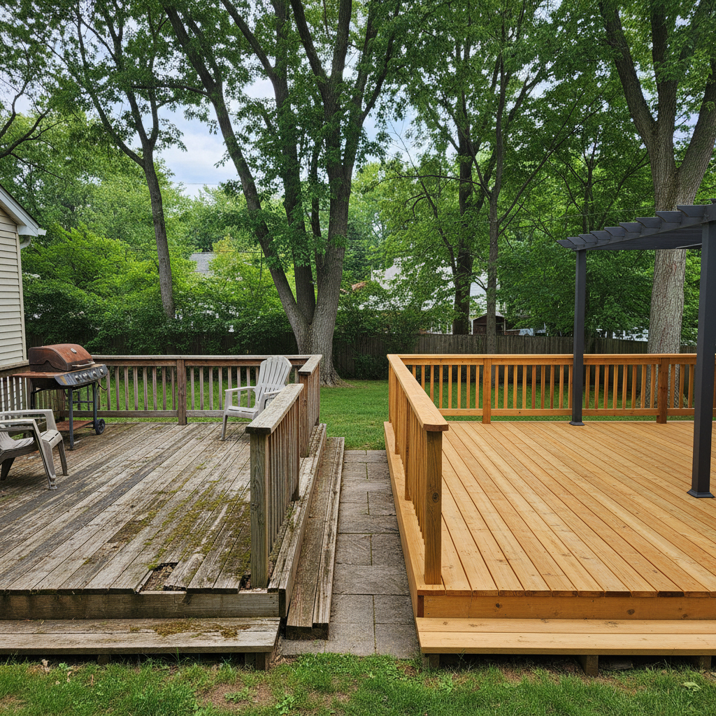 Completed wooden decks work at a residential property in Manchester, CT
