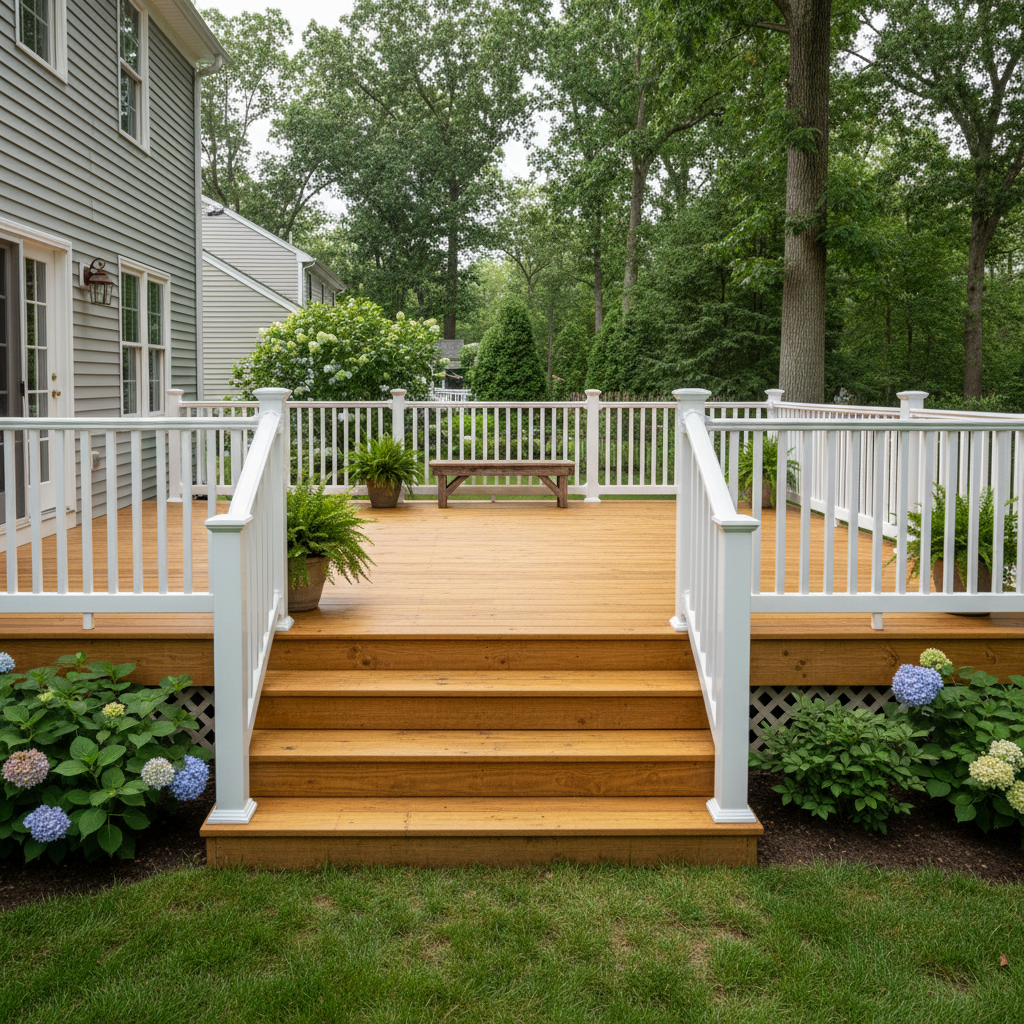 Completed wooden decks work at a residential property in Milford, CT
