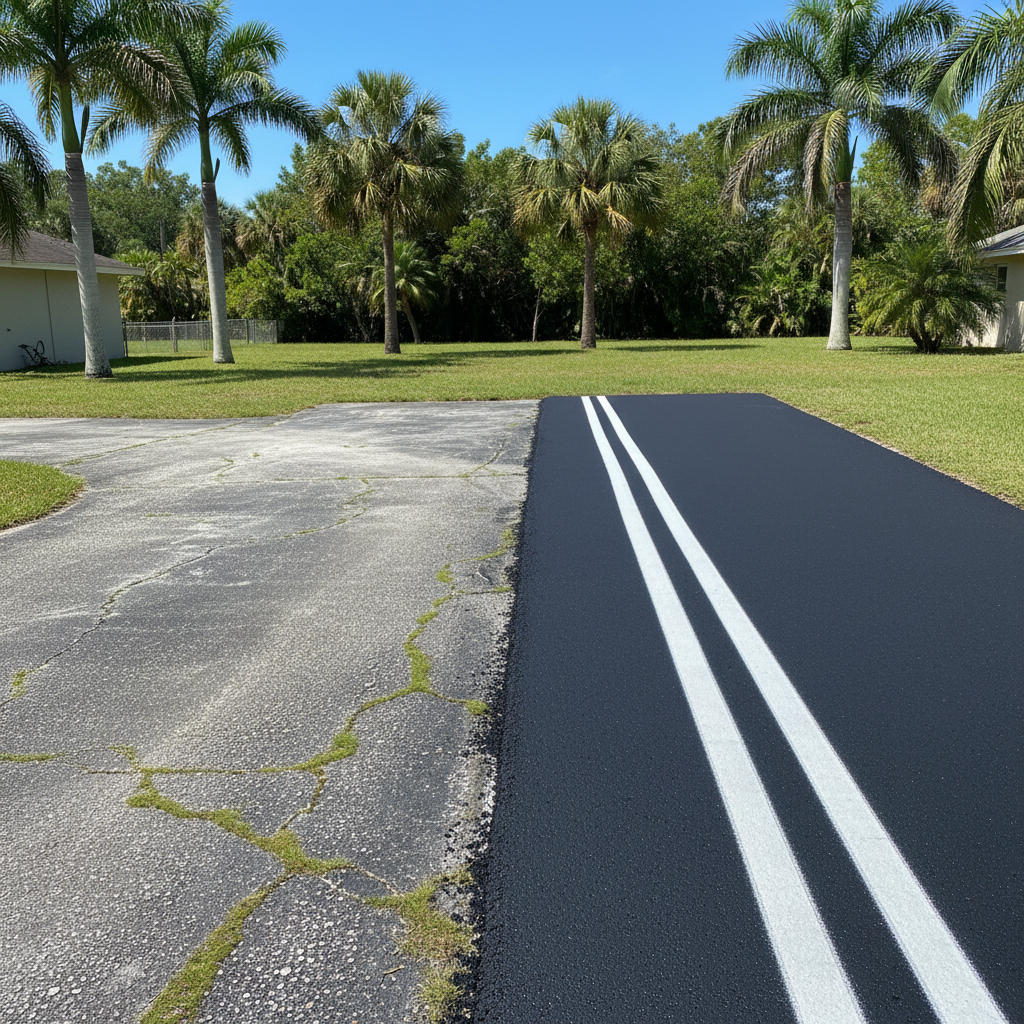 Completed asphalt striping work at a residential property in Daytona Beach, FL