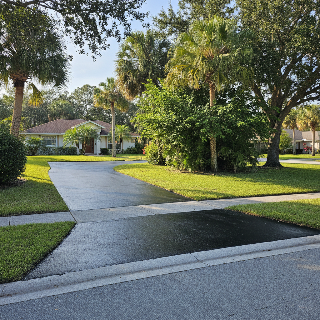 Completed asphalt sealcoating work at a residential property in Daytona Beach, FL