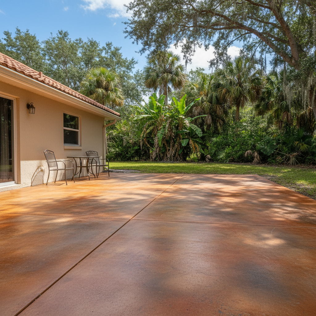 Completed concrete staining work at a residential property in Lehigh Acres, FL