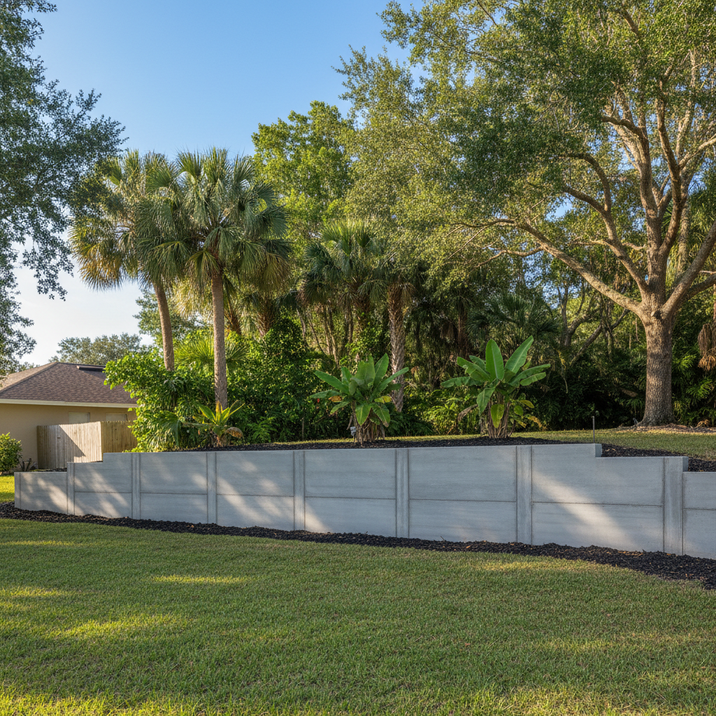 Completed concrete retaining walls work at a residential property in Lehigh Acres, FL