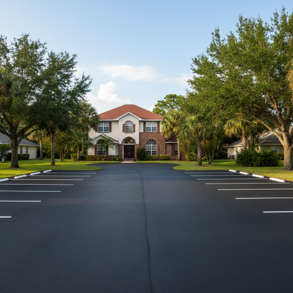 Completed parking lot paving work at a residential property in Daytona Beach, FL