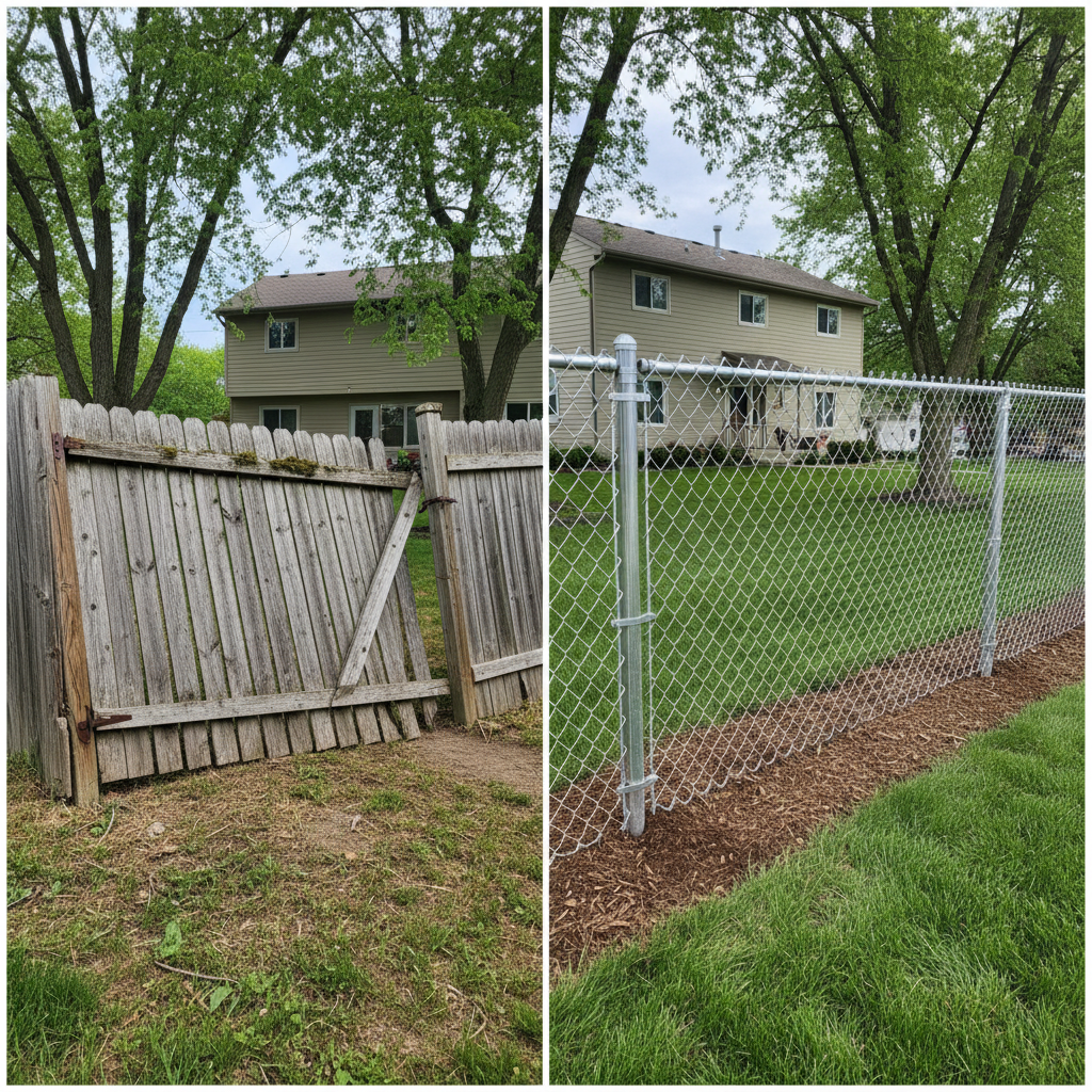 Completed chain link fence installation work at a residential property in Bellevue, NE