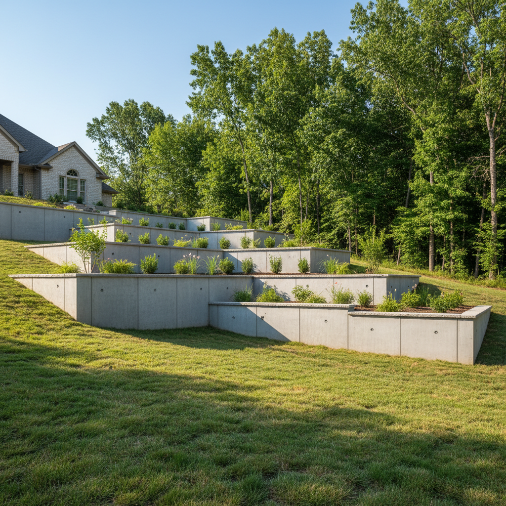 Completed concrete retaining walls work at a residential property in Broken Arrow, OK