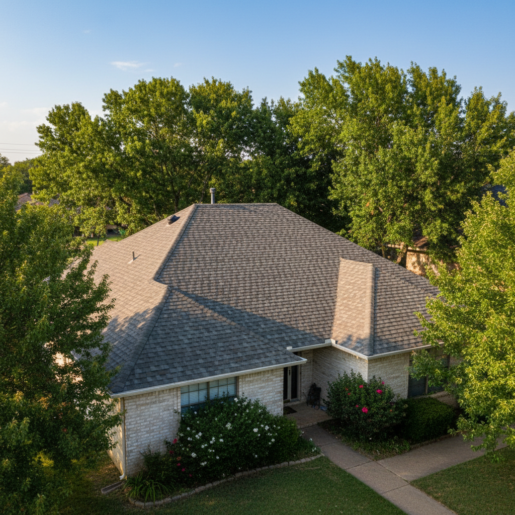 Completed asphalt shingle roofing work at a residential property in Moore, OK