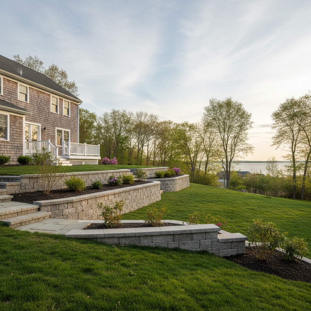 Completed concrete retaining walls work at a residential property in East Greenwich, RI
