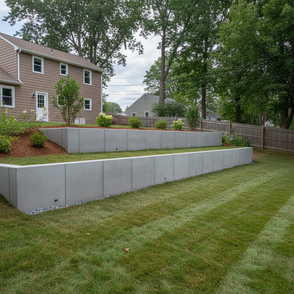Completed concrete retaining walls work at a residential property in Cranston, RI