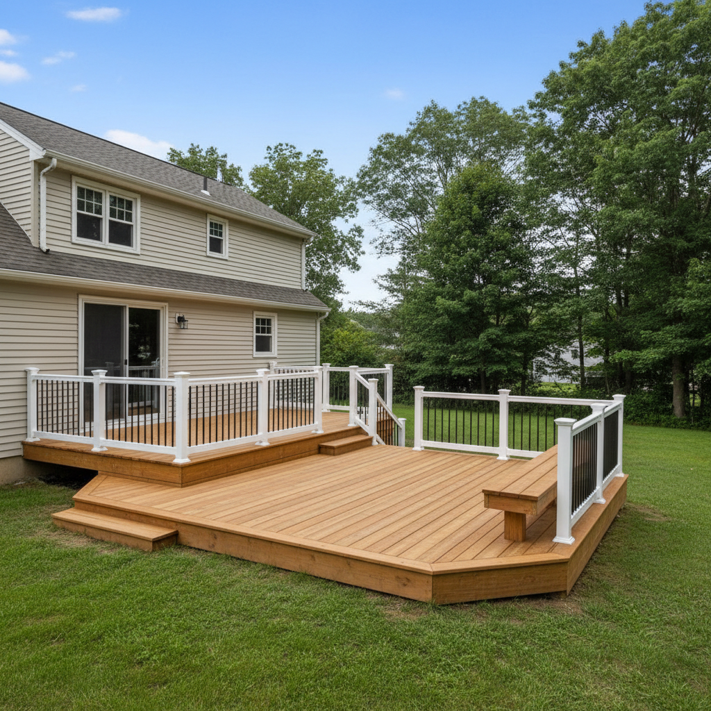 Completed wooden decks work at a residential property in Pawtucket, RI