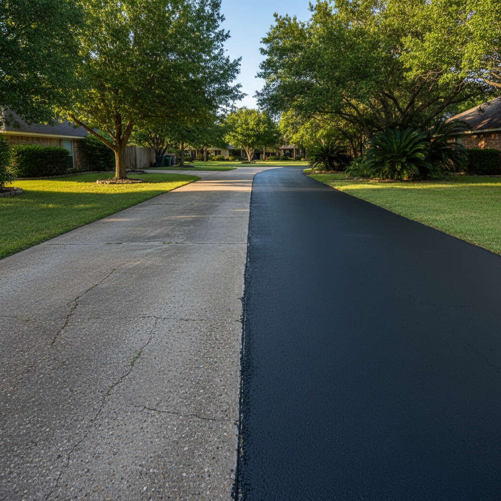 Completed asphalt sealcoating work at a residential property in Rosenberg, TX